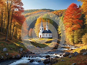 Beautiful little chuch in the edge of the forest surrounded by colorful autumn leaves photo