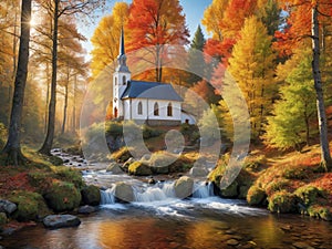 Beautiful little chuch in the edge of the forest surrounded by colorful autumn leaves photo