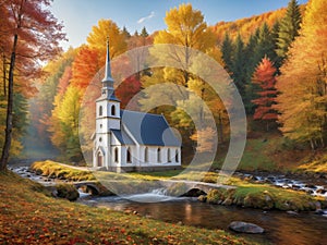 Beautiful little chuch in the edge of the forest surrounded by colorful autumn leaves photo