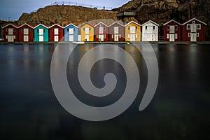 Beautiful little colorful fishermen's houses at the harbor. Typical Swedish houses, VÃ¤stra GÃ¶taland County, Smogen, Sweden