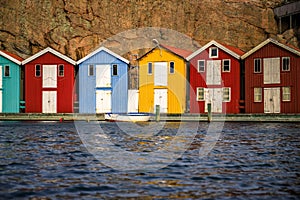 Beautiful little colorful fishermen's houses at the harbor. Typical Swedish houses, VÃ¤stra GÃ¶taland County, Smogen, Sweden
