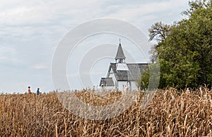 Beautiful little country church sitting behind a golden barley field.