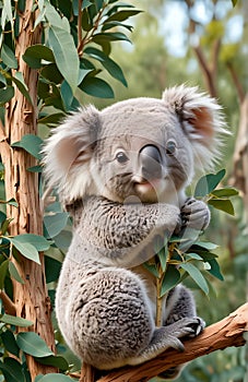 A beautiful little cute cartoon koala on branch of eucalyptus