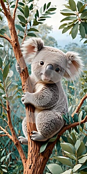 A beautiful little cute cartoon koala on branch of eucalyptus