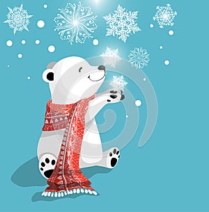 Beautiful Little cute polar bear with red scarf on blue bacjground with snowflake