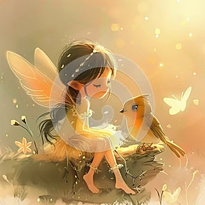 Beautiful little fairy with a bird. Cartoon illustration for children\'s book