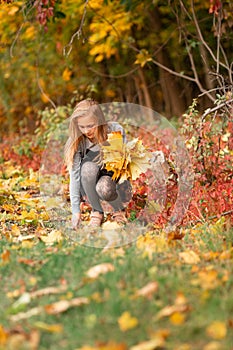 Beautiful little girl with autumn leaves in the park