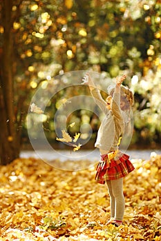 Beautiful little girl in the autumn park playing in nature