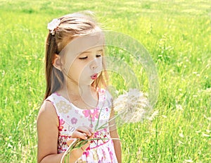 Beautiful little girl blowing dandelion