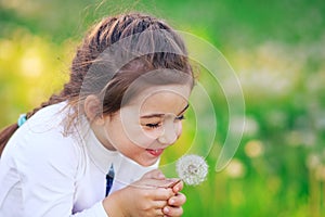 Beautiful little Girl blowing dandelion flower and smiling in summer park. Happy cute kid having fun outdoors.