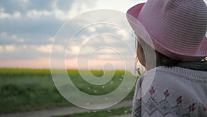 Beautiful little girl blowing on dandelion, portrait cute female child on background of field with flowers at sunset