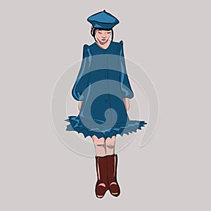 Beautiful little girl. In a blue beret and blue elegant dress. Sadness, modesty, thoughtfulness. A festive image for a girl. Vecto photo