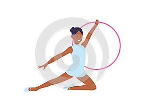 Beautiful little girl character performing with hula hoop showing rhythmic gymnastics dance