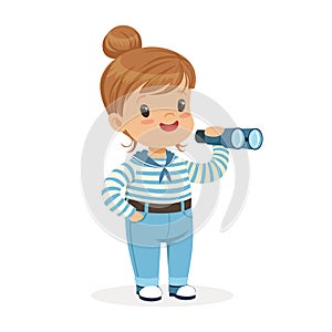 Beautiful little girl character wearing a sailors costume playing toy spyglass colorful vector Illustration