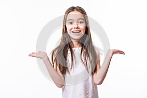 Beautiful little girl confused isolated over white background