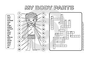 Beautiful Little Girl and Crossword Puzzle My Body Parts. An Educational Game, for Lesson Biology in a Cartoon style. Black and