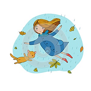 Beautiful little girl and a cute cartoon cat flying with autumn leaves.