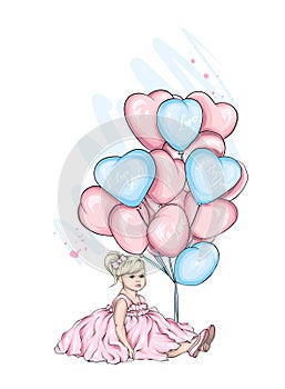 Beautiful little girl in a dress and with heart-shaped balloons. Charming baby. Valentine`s Day, love, cupid. Vector illustration