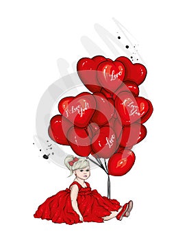 Beautiful little girl in a dress and with heart-shaped balloons. Charming baby. Valentine`s Day, love, cupid. Vector illustration