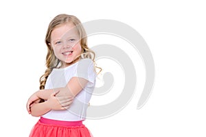 Beautiful little girl laughing.Isolated on white background.