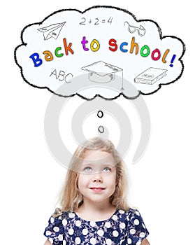 Beautiful little girl looking up on Back to school isolated