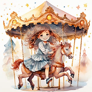 Beautiful little girl on a merry-go-round. Watercolor cartoon illustration