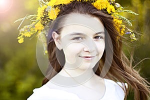 Beautiful little girl, outdoor, color bouquet flowers, bright sunny summer day park meadow smiling happy enjoying life