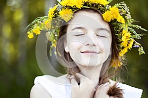 Beautiful little girl, outdoor, color bouquet flowers, bright sunny summer day park meadow smiling happy enjoying life