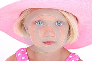 Beautiful Little Girl In Pink Swim Suit And Large Hat