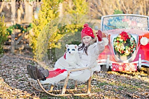 A beautiful little girl under the snow sits in a sled with a husky puppy