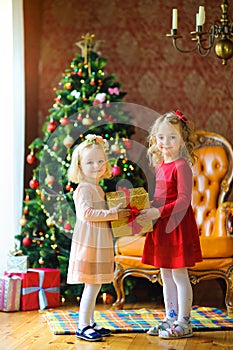 Beautiful little girls in dresses holding a big box with a gift and smiling