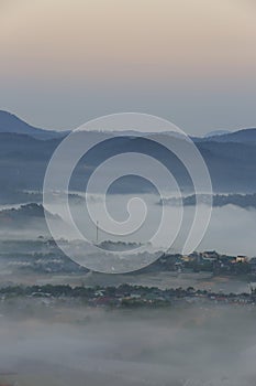 Beautiful little houses on the plateau with dense fog and magic light at dawn part 8