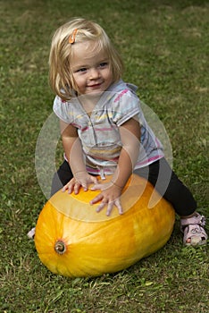 Beautiful little kid girl having fun with farming on organic pumpkin patch