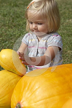 Beautiful little kid girl having fun with farming on organic pumpkin patch