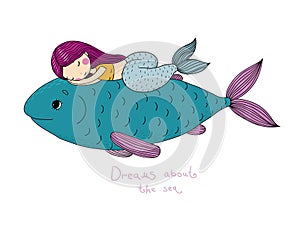 Beautiful little mermaid and big fish.