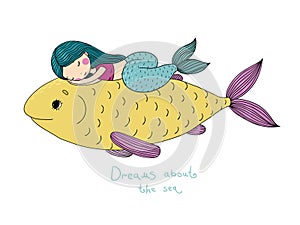 Beautiful little mermaid and big fish.