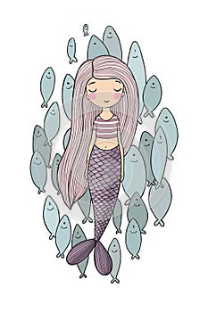 Beautiful little mermaid and a flock of fish. Siren. Sea theme.