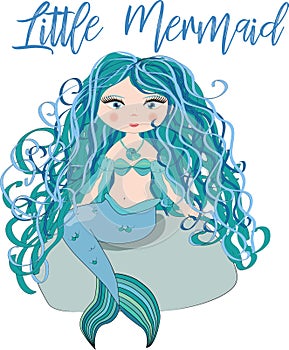 A beautiful little mermaid is sitting on a rock. Siren. Sea theme. illustration on a white background