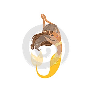 Beautiful little mermaid swimming underwater. Cartoon girl character with long brown hair and yellow tail. Marine life