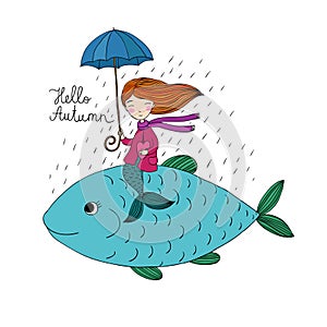 Beautiful little mermaid under an umbrella floating in the big fish.