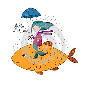 Beautiful little mermaid under an umbrella floating in the big fish.