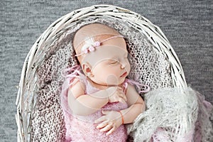 Beautiful little newborn girl sleeps in a wattled basket