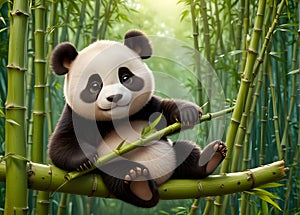 A beautiful little panda on the background of bamboo grove