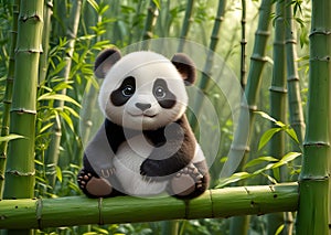 A beautiful little panda on the background of bamboo grove