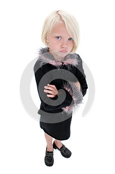 Beautiful Little Pouting Girl In Black Suit With Pink Feathers