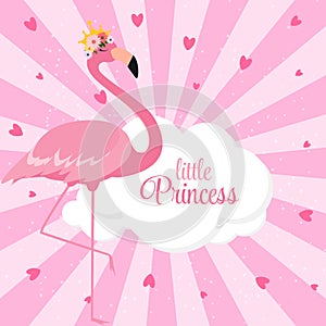 Beautiful Little Princess Pink Flamingo in Golden Crown.  Illustration