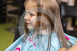 Beautiful little red-haired girl at the barber shop