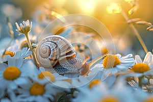 Beautiful little snail sleeps on a flower in spring.