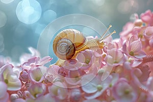 Beautiful little snail sleeps on a flower in spring.
