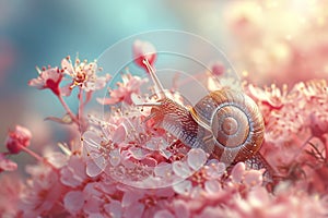 Beautiful little snail sleeps on a flower in spring.